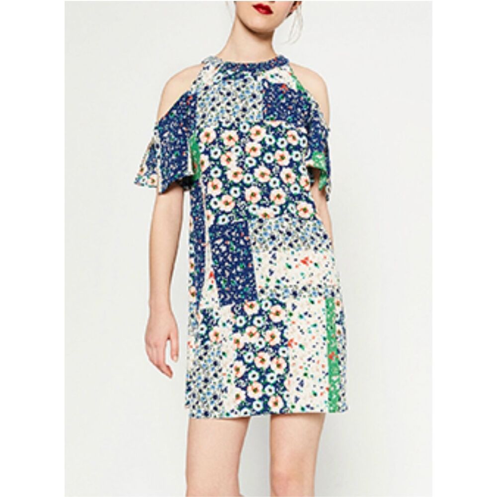 Zara NWOT Mini dress multicolored print cold shoulders size small